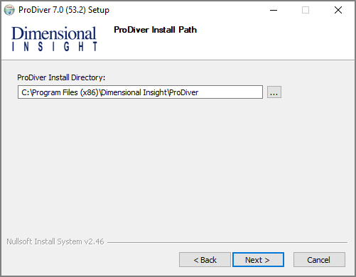 The ProDiver Install Path window.